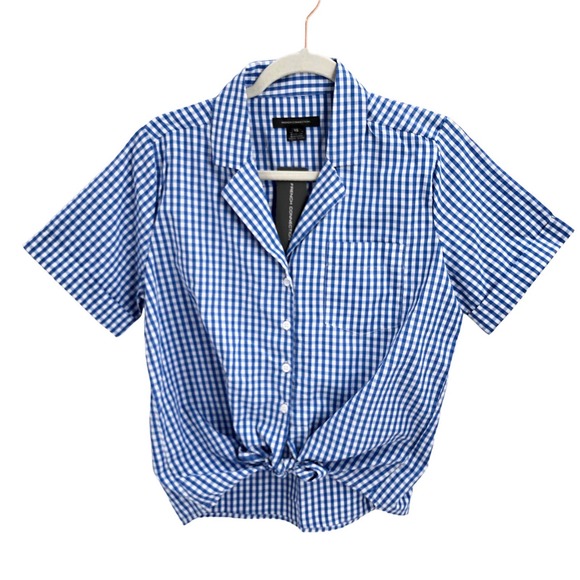 French Connection NEW Women Size Large Tatus Check Tie Front Shirt Short Sleeves - Picture 2 of 8
